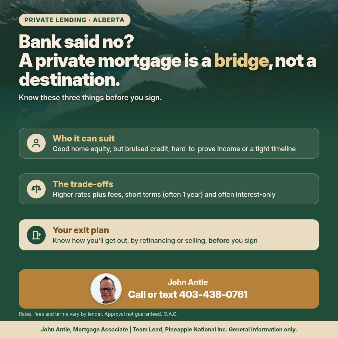 Graphic titled Bank said no? A private mortgage is a bridge, not a destination. Know these three things before you sign. Who it can suit: good home equity, but bruised credit, hard-to-prove income or a tight timeline. The trade-offs: higher rates plus fees, short terms (often 1 year) and often interest-only. Your exit plan: know how you will get out, by refinancing or selling, before you sign. Call or text John Antle at 403-438-0761. Rates, fees and terms vary by lender. Approval not guaranteed. O.A.C.